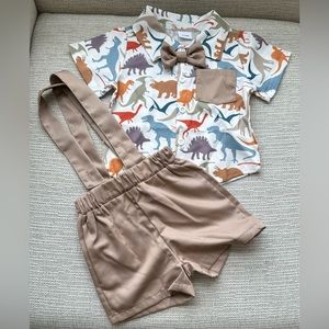 *New* MiniOlie Baby Boy Button-Up Bow Tie Shirt & Suspenders (6-9M)
